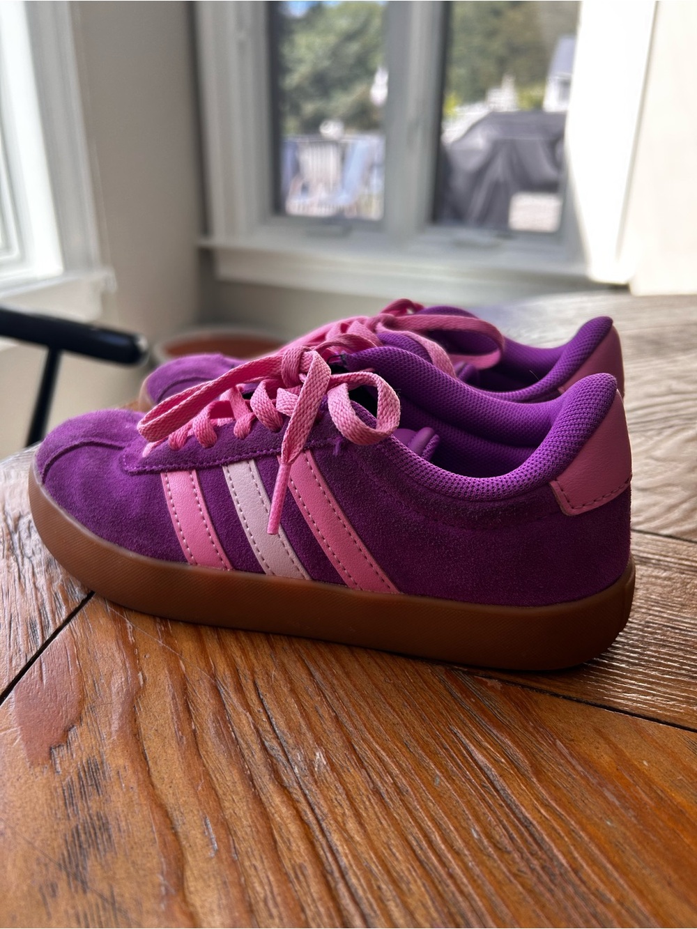 Kids Purple and Pink Adidas Three-Stripe Sneakers